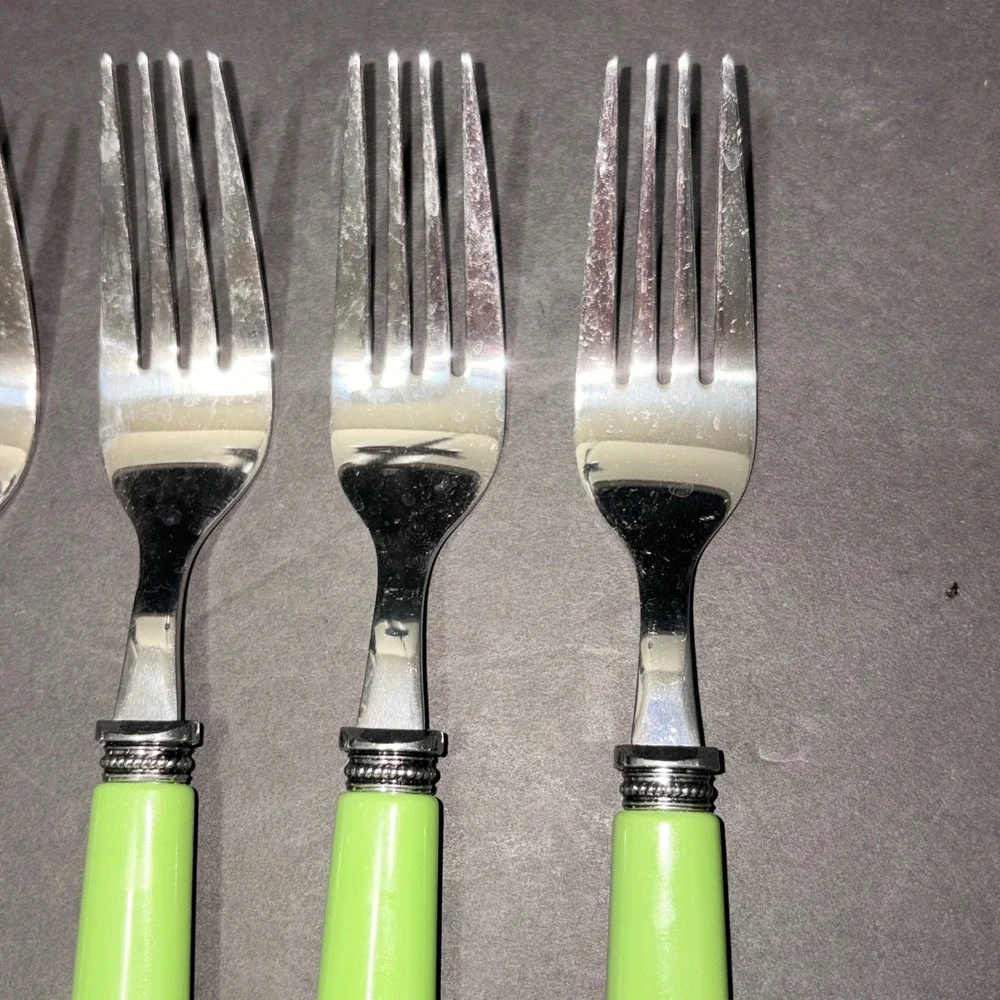 Set/4 Light Green Resin Handle Stainless Steel Dinner Forks Beaded Bolster 7.75